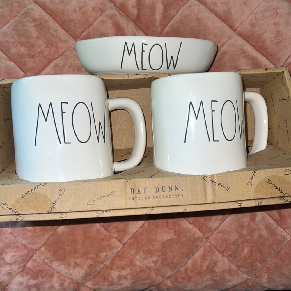 Rae Dunn “Meow" Coffee Mugs Set and Cat dish